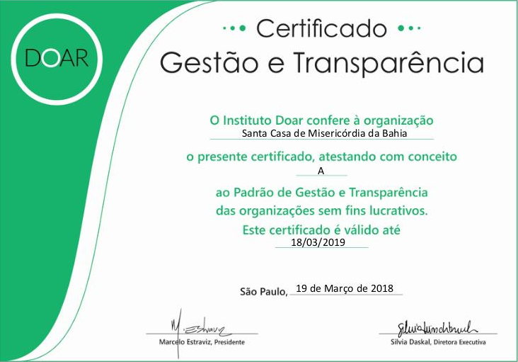 Santa Casa da Bahia é certificada por Gestão e Transparência