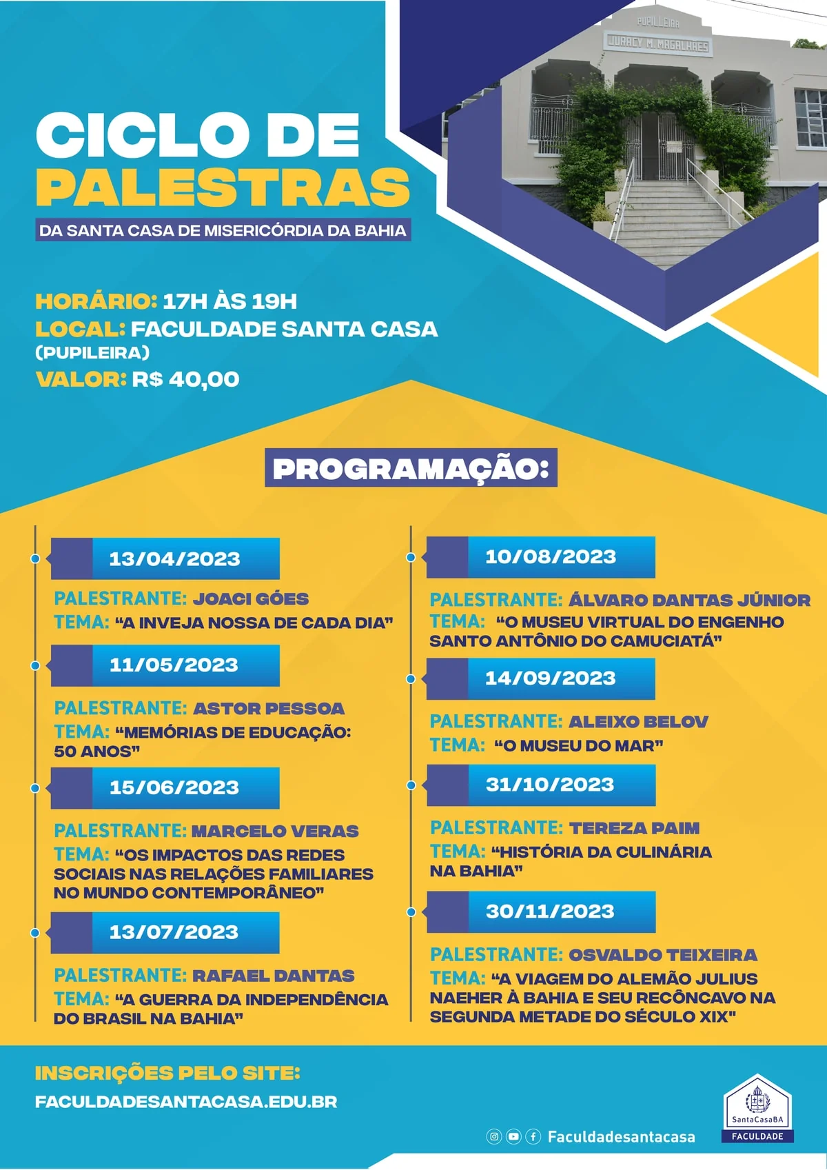 Santa Casa da Bahia divulga programação do Ciclo de Palestras Cultura e Prosa 2023 